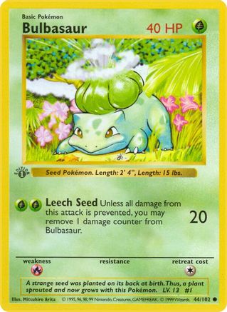 Bulbasaur (44/102) (Shadowless) [Base Set 1st Edition]